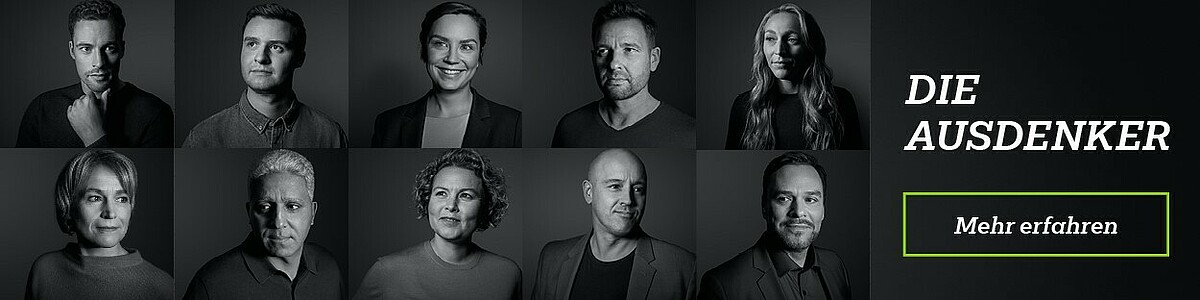 Zehn Portraitfotos einiger Bauingenieure des VBI mit Schriftzug »Die Ausdenker«